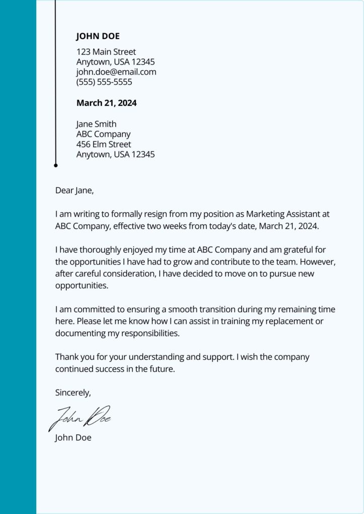 Example of 2-week notice letter