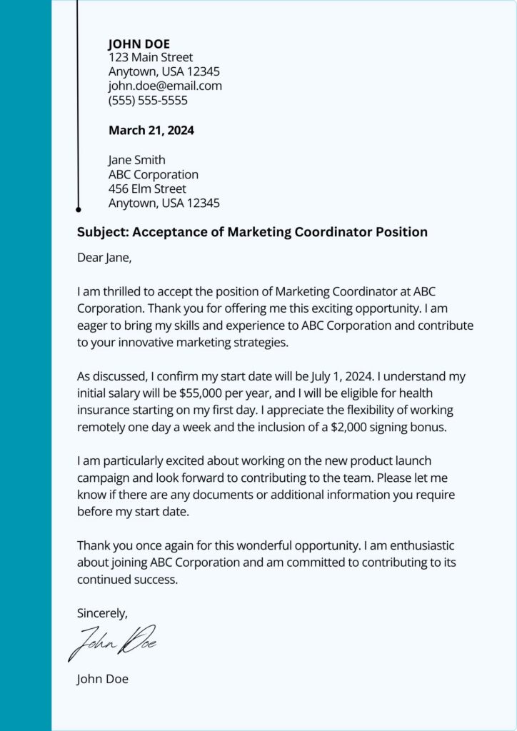 Formal Acceptance Letter Example