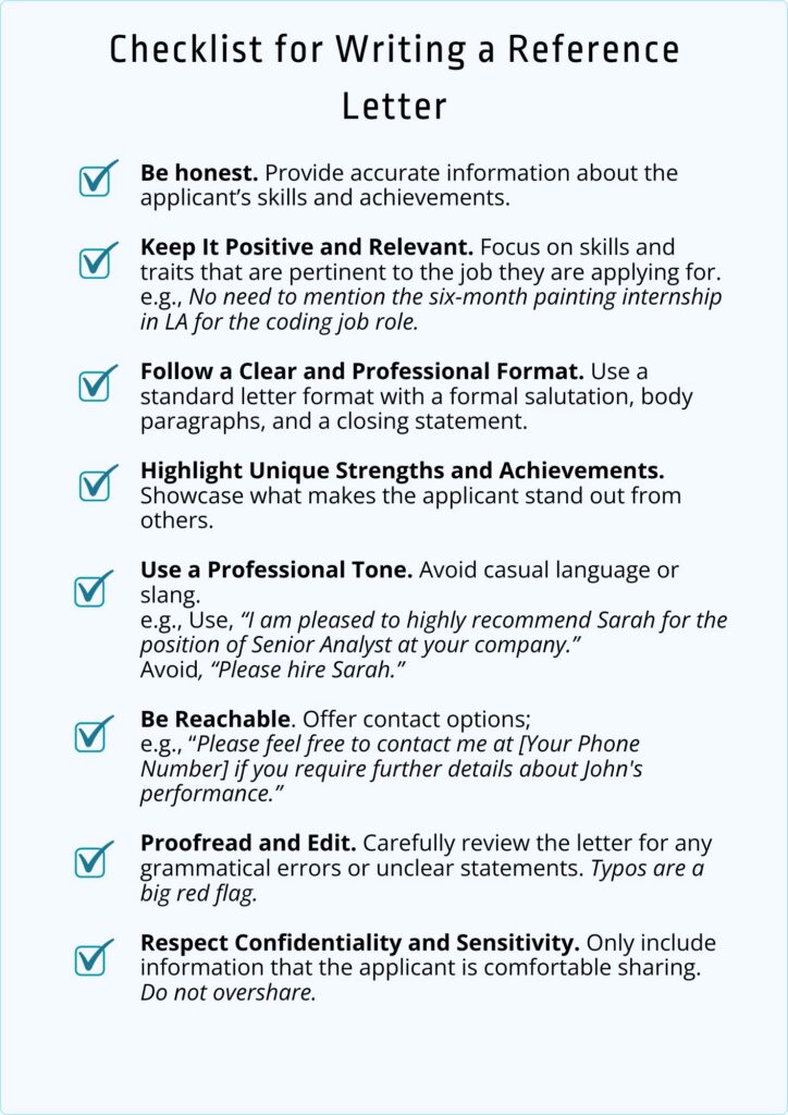 checklist for writing a reference letter