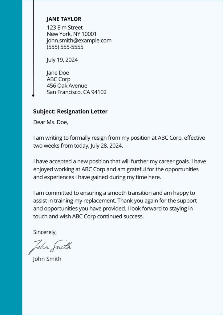 Resignation Letter Example