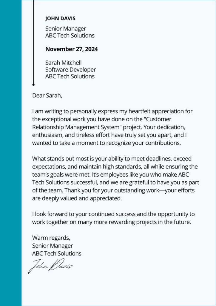 Example of an appreciation letter for good work